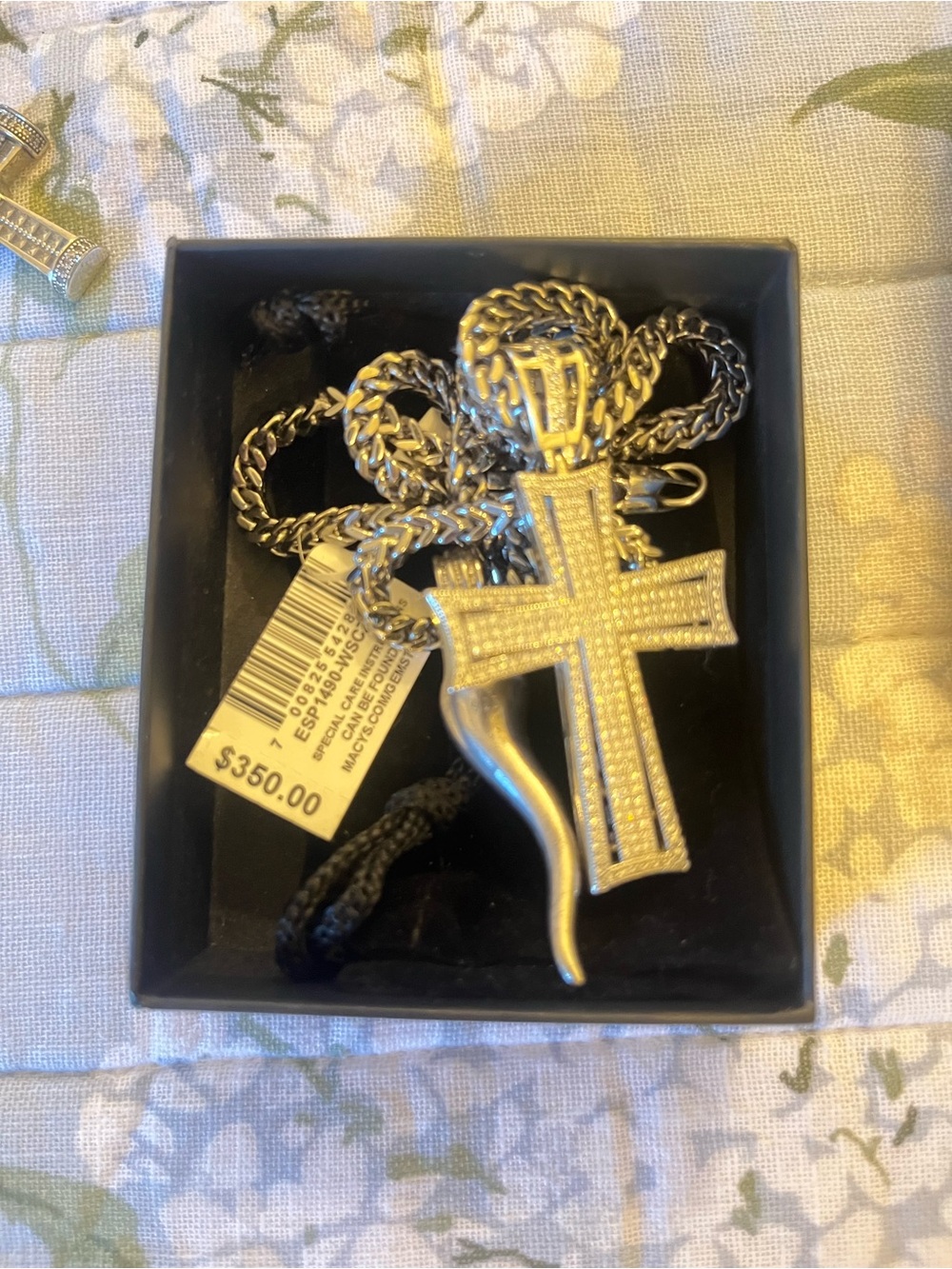 Silver Tone Cross Pendant Necklace with Horn Accent - Men's Accessory 20 inches